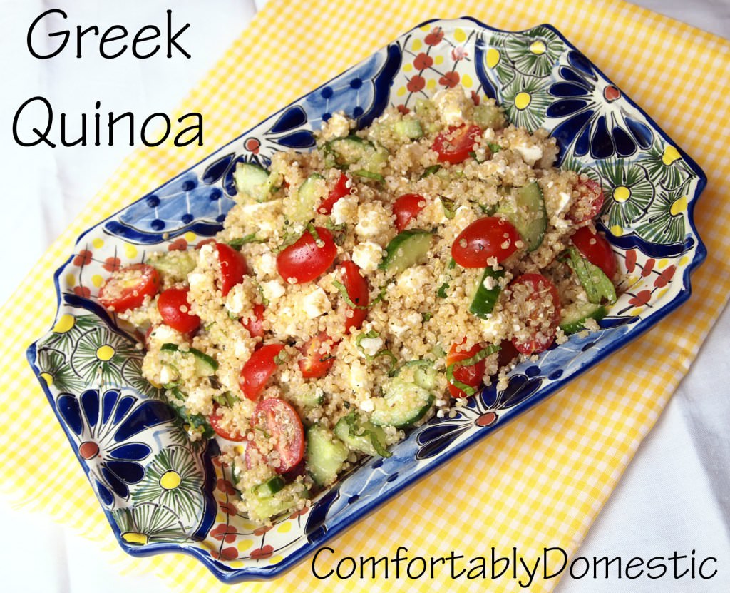 Greek quinoa salad is a fresh, light side dish, packed with wholesome quinoa, fresh cucumbers, grape tomatoes, mint, and feta cheese. | ComfortablyDomestic.com