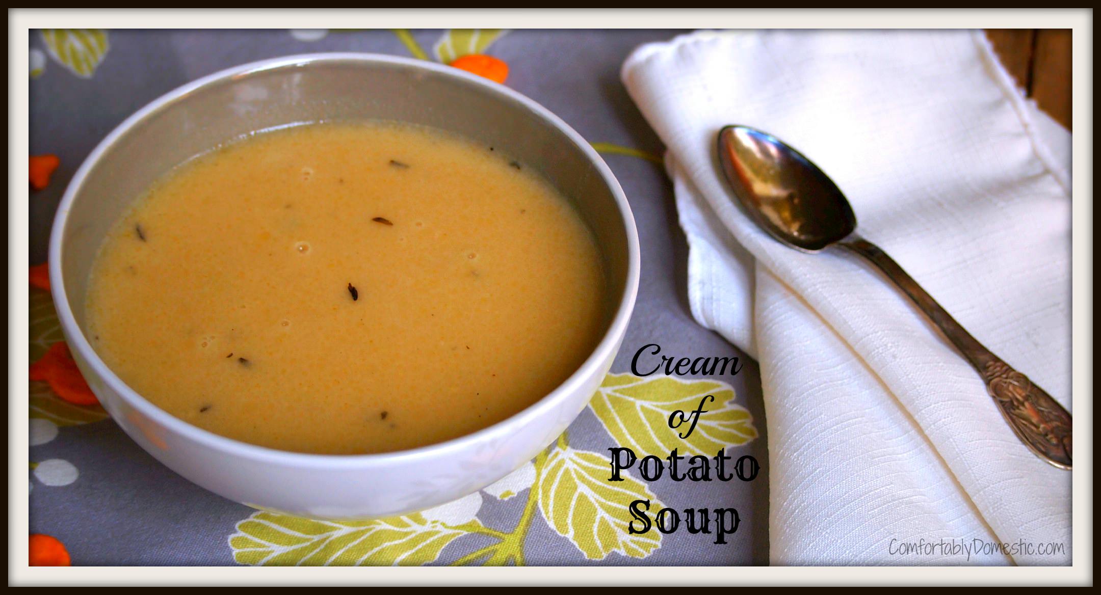 Cream of potato soup is a smooth, creamy potato soup with nice big chunks of potatoes. It's ready in about the time as it takes to prepare a canned soup, but tastes so much better.  | ComfortablyDomestic.com