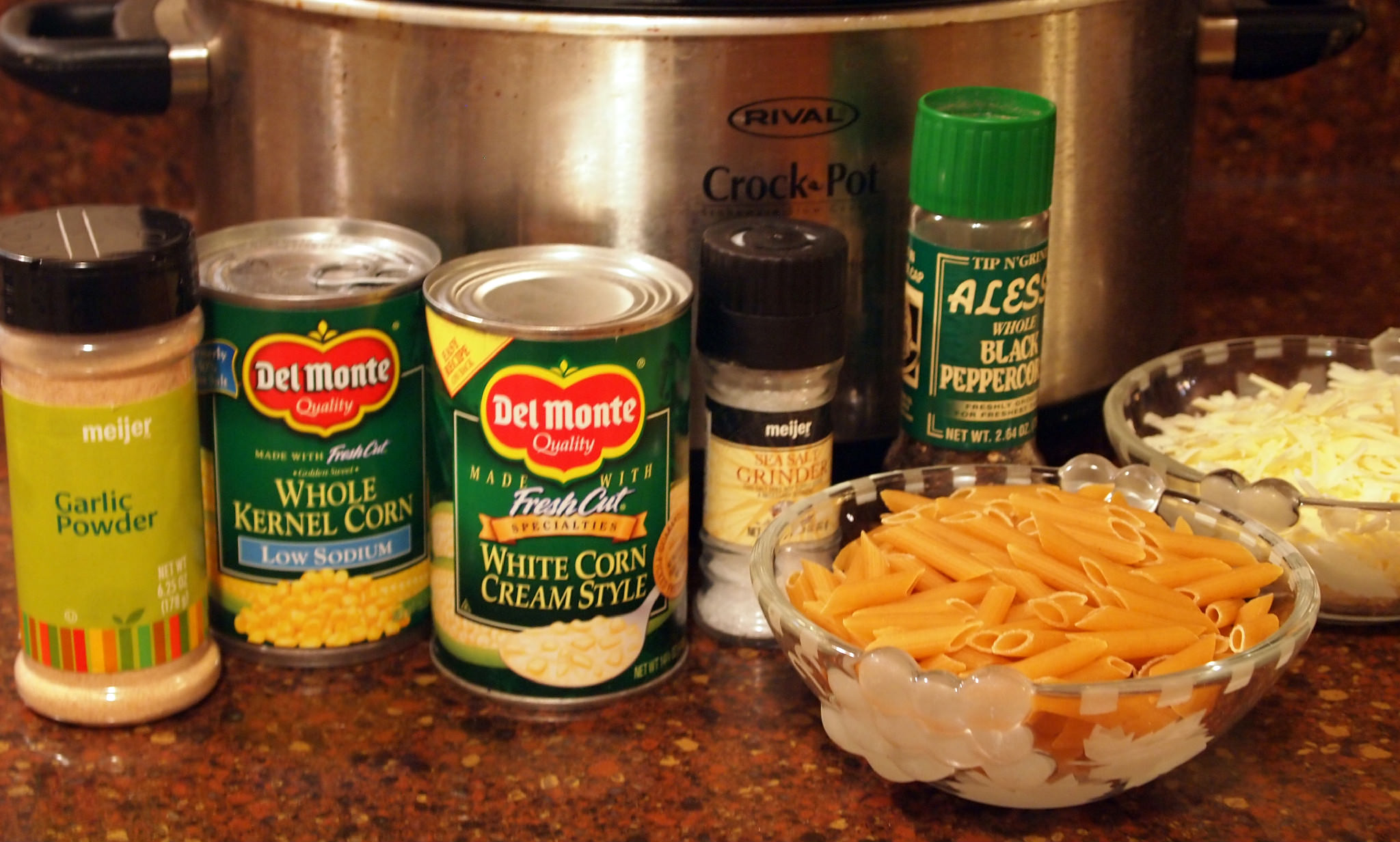 Ingredients to make Creamed Corn Macaroni and Cheese