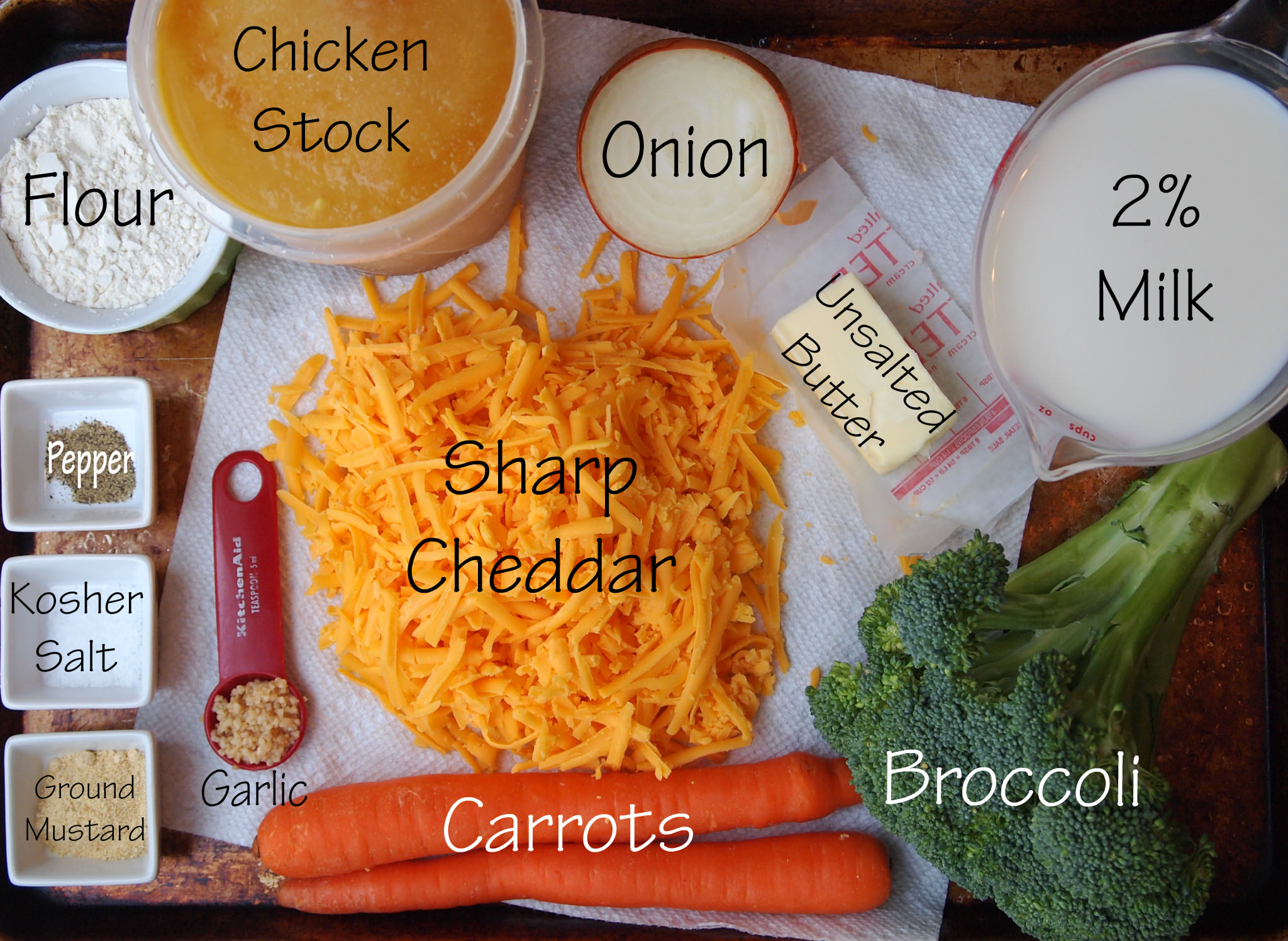 Ingredients needed to make homemade broccoli cheddar soup