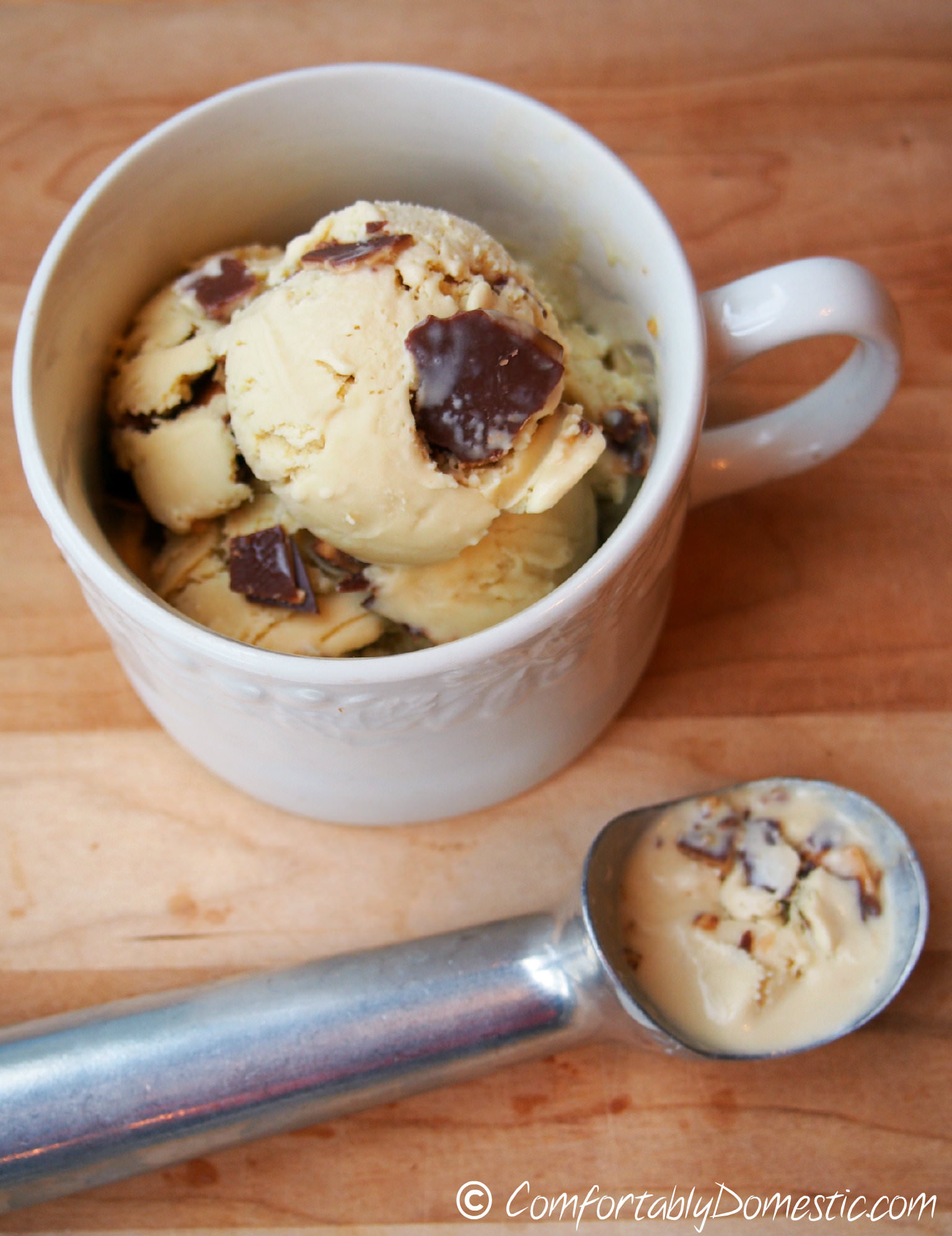 Lightened Up Coffee Toffee Ice Cream is so easy to make, and it's delicious, too! | ComfortablyDomestic.com