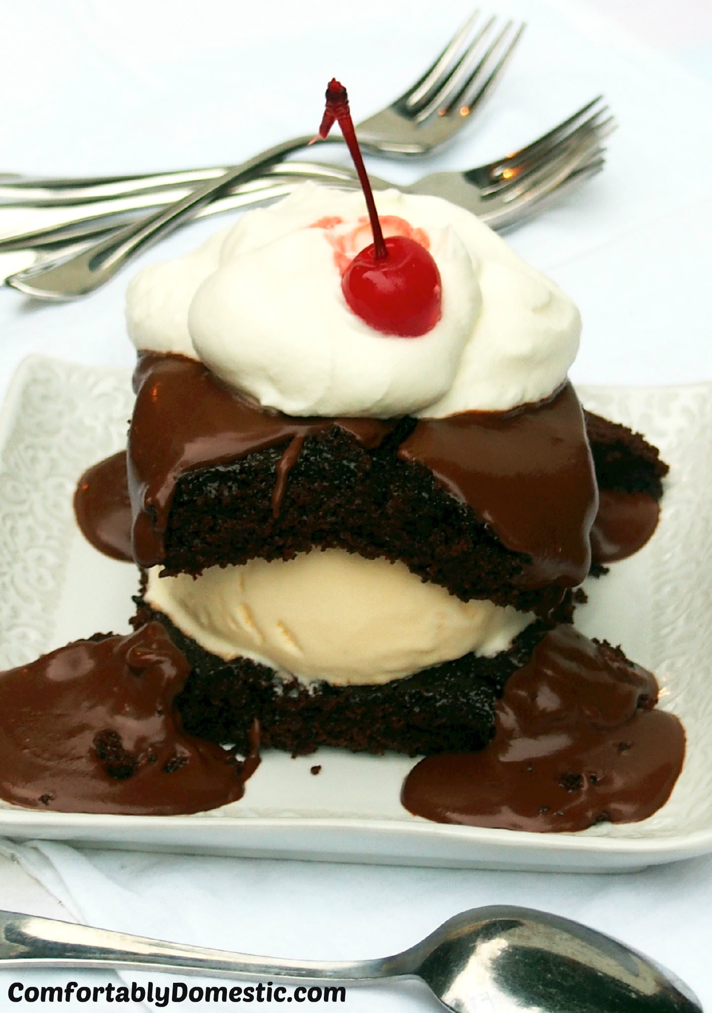 Cherry Chipotle Hot Fudge Ice Cream Cake | ComfortablyDomestic.com