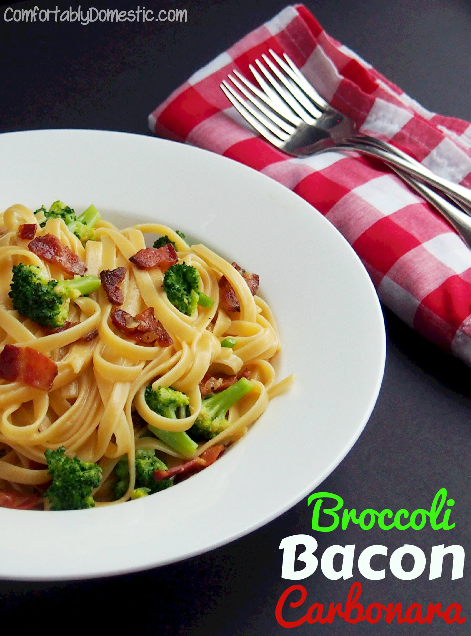 Broccoli bacon pasta carbonara is an inexpensive yet impressive meal, made with fresh broccoli, thick-cut pepper bacon, eggs, and plenty of cheese. | ComfortablyDomestic.com