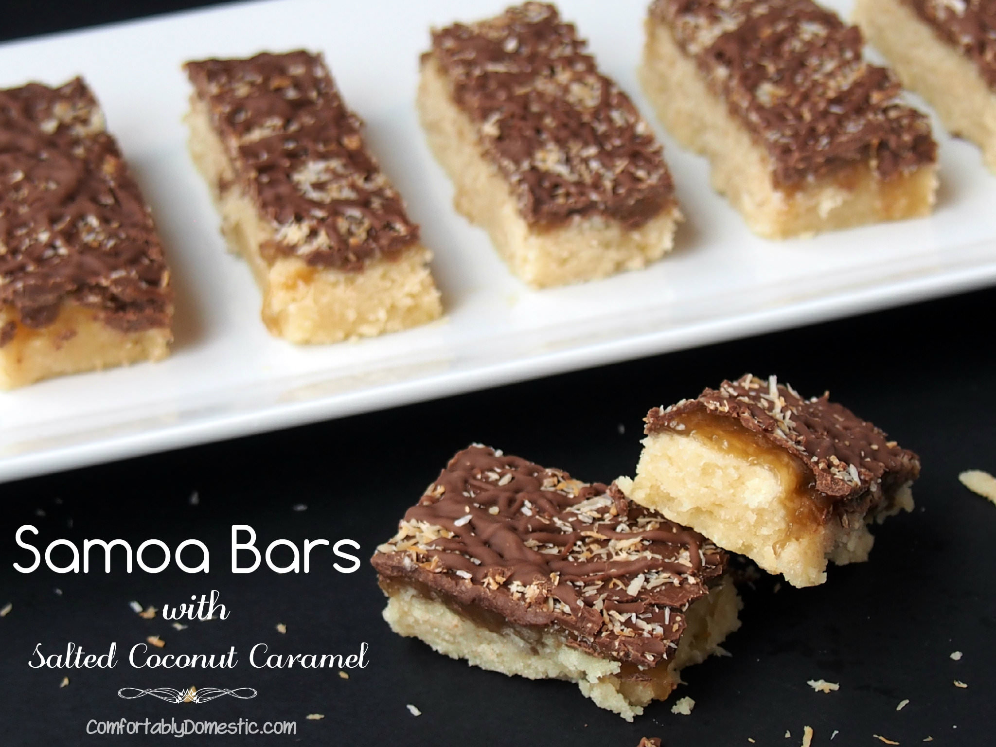 Samoa Bars are reminiscent of the popular Girl Scout Cookie. Crisp, buttery shortbread, smothered with a thin layer of dreamy salted coconut caramel, then topped with rich dark chocolate and toasted coconut. | ComfortablyDomestic.com