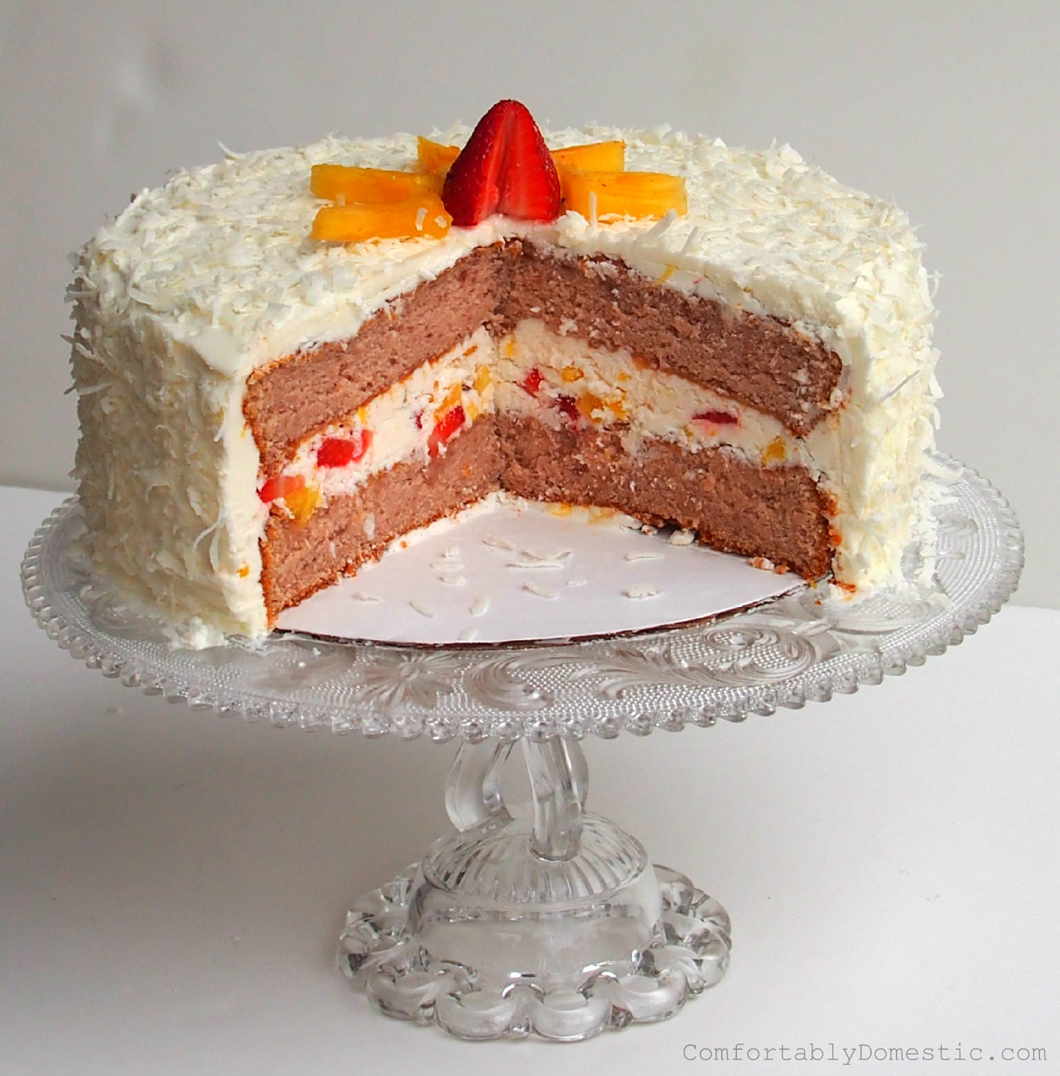 Strawberry Colada Cake with Coconut Buttercream Frosting | ComfortablyDomestic.com