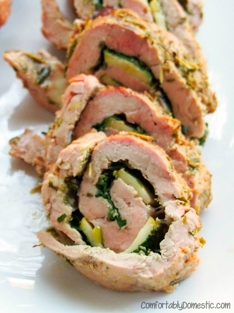 Rosemary Pesto Rolled Pork Tenderloin with Spinach, Apple, and Gouda | ComfortablyDomestic.com