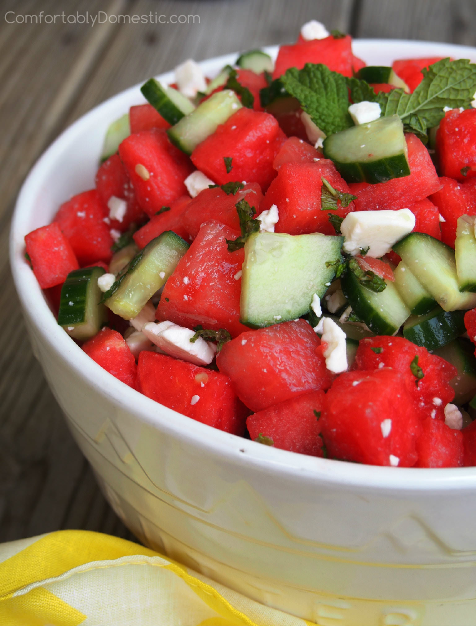 Watermelon Cucumber Salad with Feta, Lime, and Mint | ComfortablyDomestic.com
