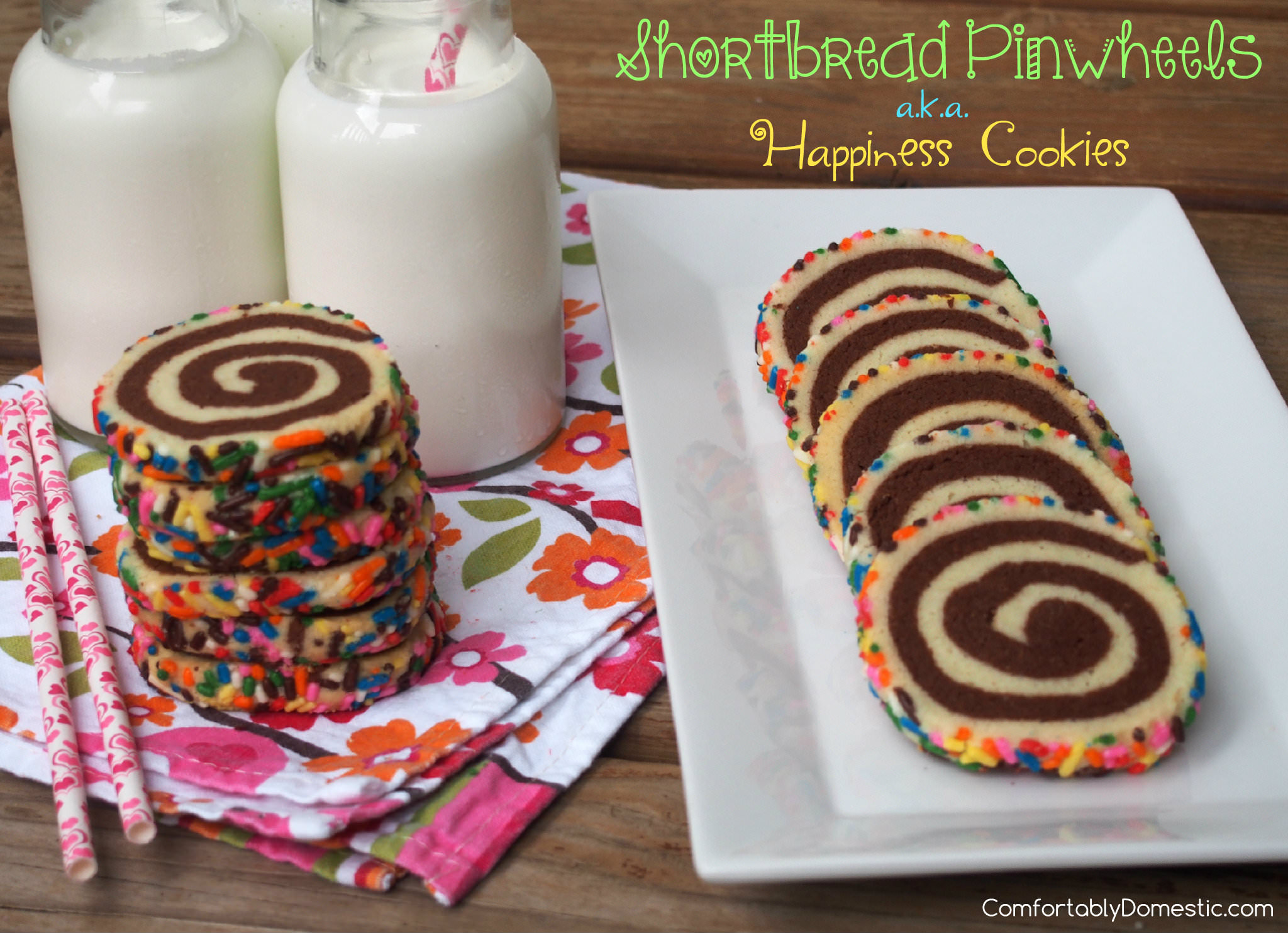 Shortbread pinwheels are buttery vanilla and chocolate shortbread cookies presented in a fun pinwheel design, with colorful sprinkles for an added touch of whimsy. | ComfortablyDomestic.com, a.k.a. Happiness Cookies