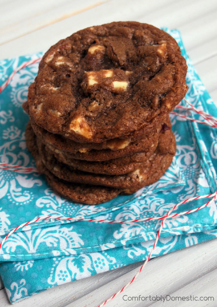 Double Chocolate Cranberry Cookies | ComfortablyDomestic.com are crisp yet chewy, rich and chocolaty cookies with tangy dried cranberries and smooth white chocolate chunks. 