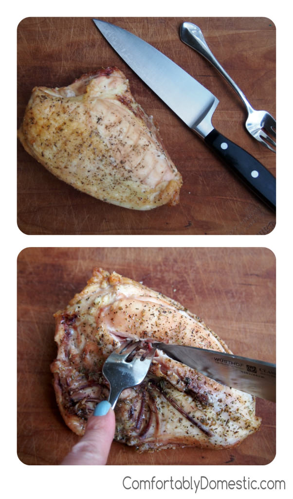 Removing the bones from roasted bone-in chicken breasts