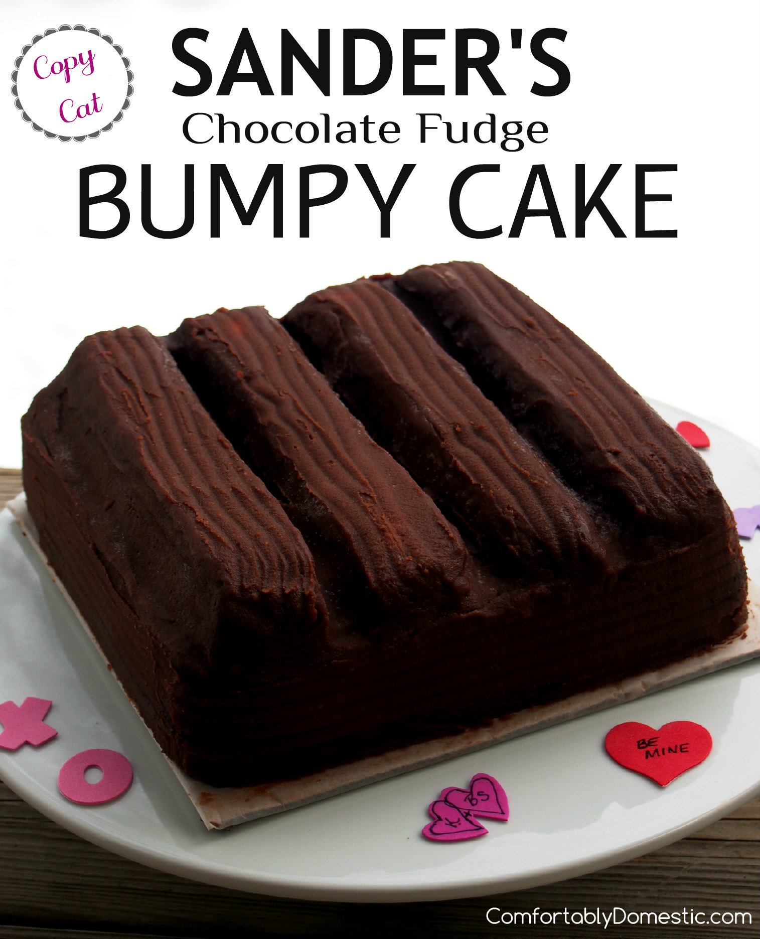 Chocolate Fudge Bumpy Cake is deliciously soft buttermilk chocolate cake, topped with cream filling and coated in pourable fudge. A homemade copycat recipe of the iconic Sander's Bumpy Cake, originally made in Detroit. | ComfortablyDomestic.com