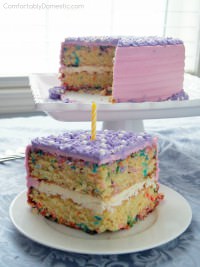 Serve a slice of whimsy with this festive butter cake with loads of colorful sprinkles baked inside. Funfetti Sprinkle Cake brings child-like wonder to every occasion. | ComfortablyDomestic.com
