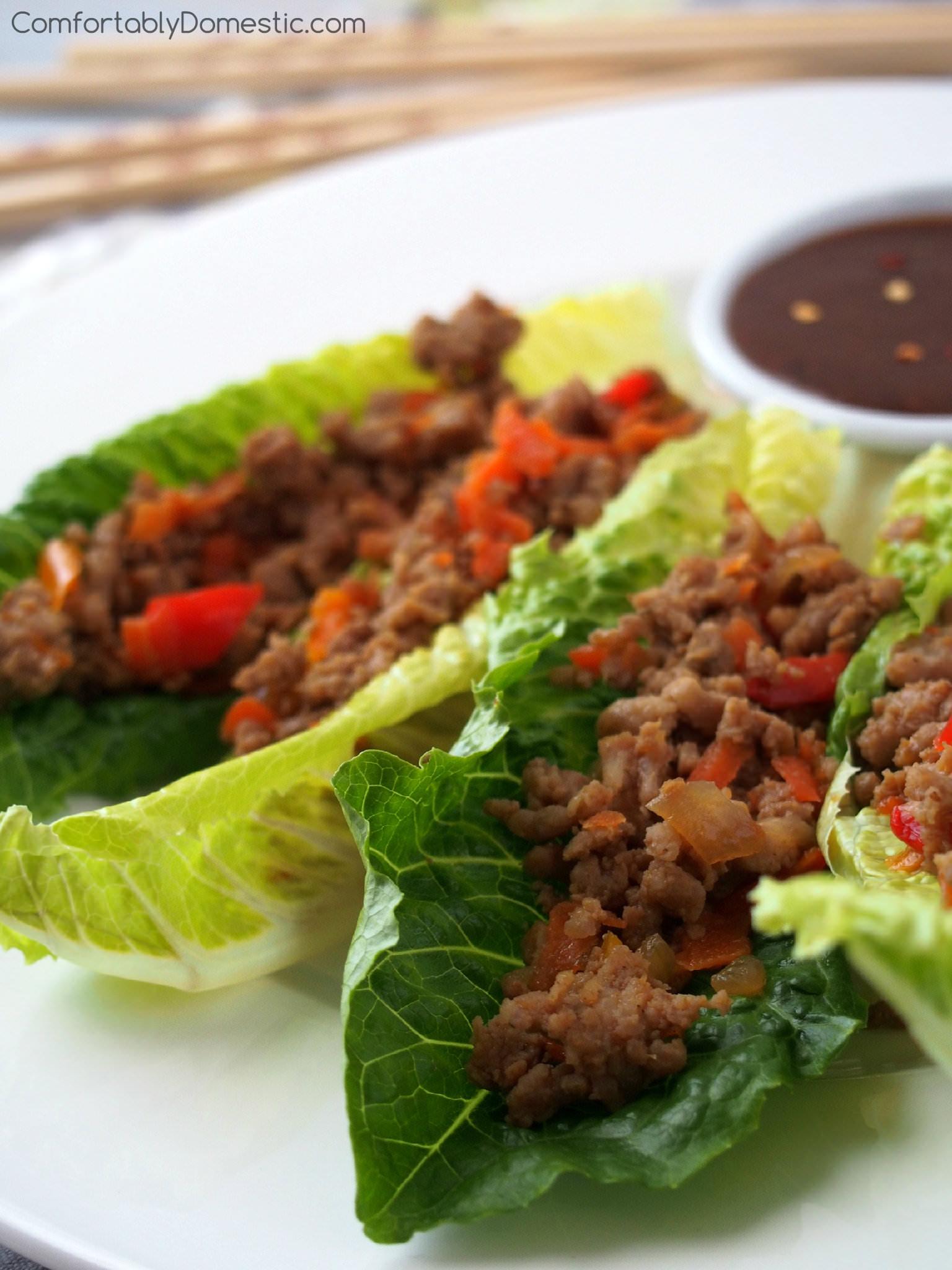 P.F. Chang's lettuce wraps are delicious, but this recipe is better! A lighter version of the sweet, salty, savory P.F. Chang’s lettuce wraps, made with a blend of ground turkey and lean pork, shredded vegetables, and a tasty soy-ginger sauce that is fantastic on just about everything. | ComfortablyDomestic.com