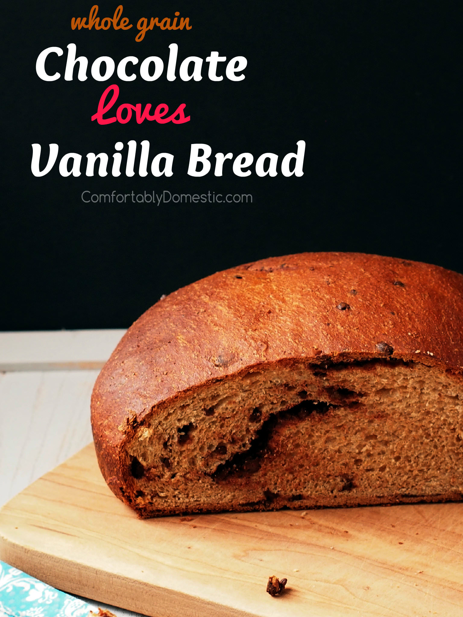 Chocolate loves vanilla, especially in this sweet bread! Sweet, vanilla-infused whole grain sweet dough with a generous helping of chopped chocolate kneaded into tender loaves. | ComfortablyDomestic.com