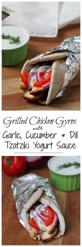 Grilled Chicken Gyros - Tender, souvlaki-style grilled chicken topped with a flavorful garlic, dill, and cucumber tzatziki yogurt sauce, ripe tomatoes, and thinly shaved red onion wrapped in warm pita bread. | ComfortablyDomestic.com