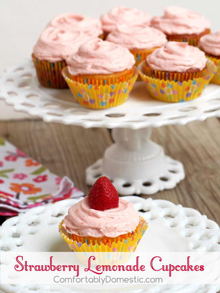 Strawberry Lemonade Cupcakes from scratch - Bright and tangy lemon cupcakes made from scratch and topped with a glorious fresh strawberry buttercream frosting is a delightfully crave-able combination. | ComfortablyDomestic.com