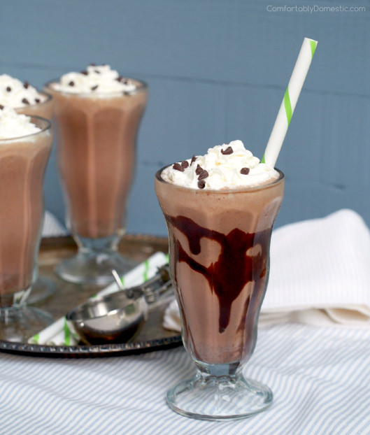 Double Chocolate Chip Malts taste like sipping on frozen malted milk ball candy. A thick, deep chocolate malted milkshake crafted in the classic soda fountain style.  | ComfortablyDomestic.com