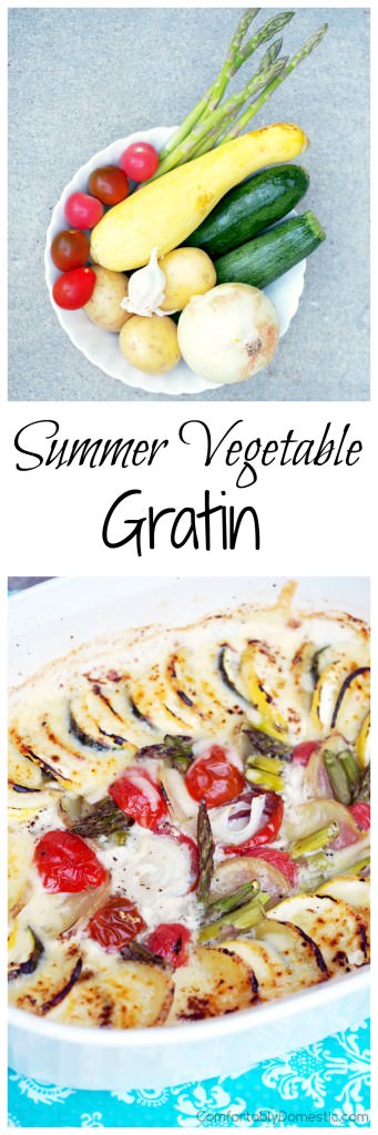 Summer vegetable gratin casserole will become an instant family favorite recipe. Vibrant summer vegetables braised in milk with a touch of butter and grated white cheddar cheese. | ComfortablyDomestic.com