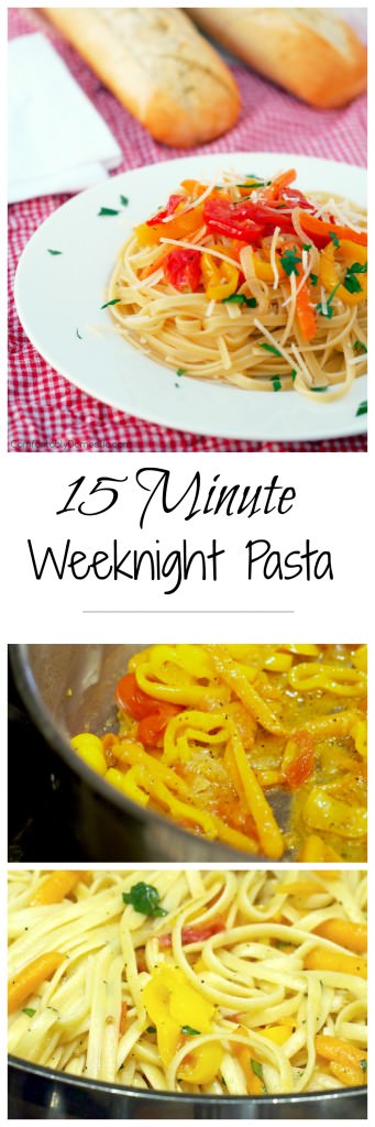 15-Minute Weeknight Pasta Recipe - Seasonal vegetables rest a top pasta tossed with a simple sauce for a scrumptious weeknight meal that is ready in 15 minutes. | ComfortablyDomestic.com