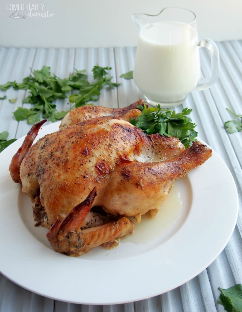 Milk Braised Chicken is so tender, it falls off of the bone! Oven roasted chicken is braised with milk to seal in the juices, making this a delicious weeknight dinner. | ComfortablyDomestic.com