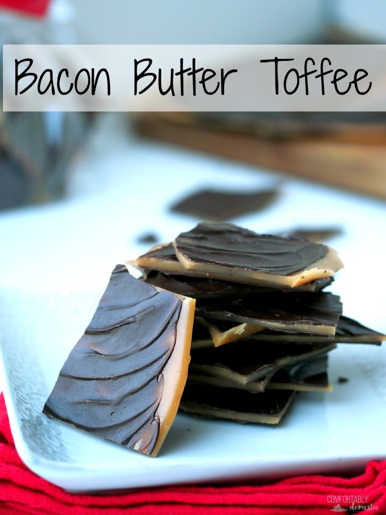 Bacon butter toffee is rich chocolate-covered butter toffee with a hint of smoky bacon. | Dessert recipe on ComfortablyDomestic.com