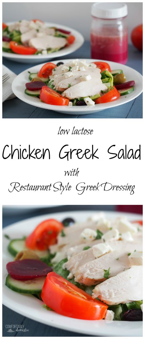 Chicken-Greek-Salad rests tender chicken atop such traditional ingredients as crisp greens, pickled beets, tomato, cucumber, olives, red onion, plenty of feta cheese, and a healthy drizzle of restaurant style Greek dressing.