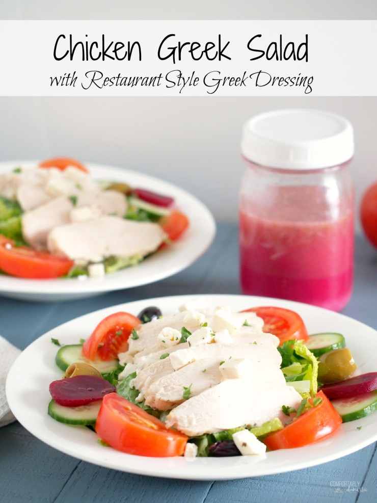 Chicken-Greek-Salad rests tender chicken atop such traditional ingredients as crisp greens, pickled beets, tomato, cucumber, olives, red onion, plenty of feta cheese, and a healthy drizzle of restaurant style Greek dressing. A healthy, delicious low lactose meal! | ComfortablyDomestic.com
