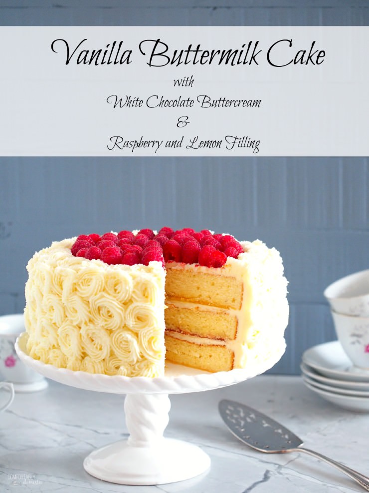 Vanilla-Buttermilk-Cake is an extra moist vanilla cake that is sure to impress when filled with raspberry and lemon, and enrobed in dreamy white chocolate buttercream frosting.