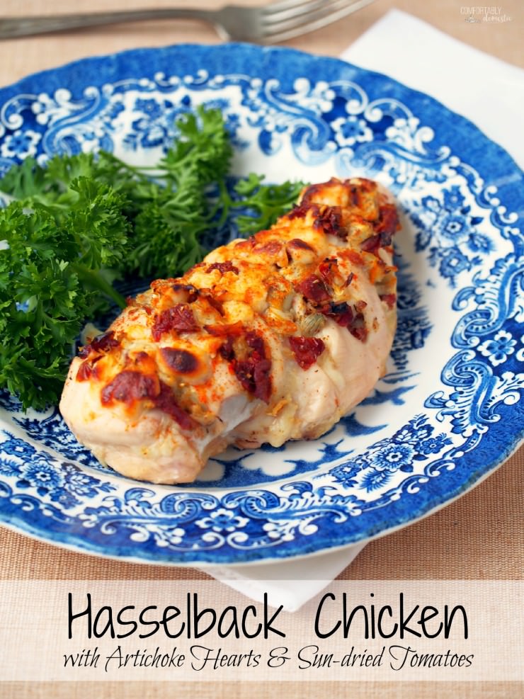 Hasselback-Chicken is stuffed with artichoke hearts, sun-dried tomatoes, plenty of cheese, and then roasted until tender and bursting with flavor.