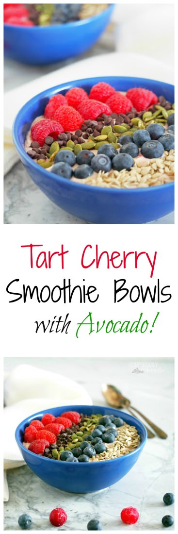 Tart-Cherry-and-Avocado-Smoothie-Bowls are extra thick smoothies full of filling protein, healthy fats and a balance of sweet and tart fruits, and topped with plenty of crunch for a complete meal.
