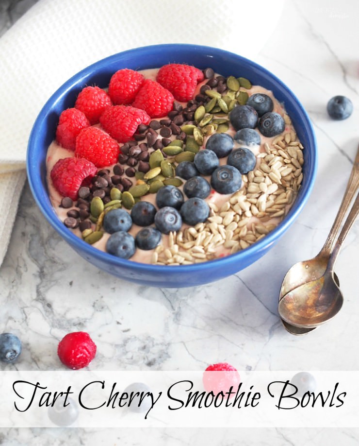 Tart-Cherry-Smoothie-Bowls are extra thick smoothies full of filling milk protein, healthy avocado fats and a balance of sweet and tart fruits, and topped with plenty of crunch for a complete meal.