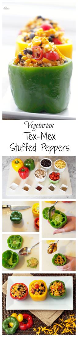 Vegetarian-Stuffed-Peppers-add-Tex-Mex flair to sweet bell peppers filled with a combination of chewy brown rice, tender black beans, garden fresh vegetables, tangy cheese, and blend of southwest seasonings to make these healthy morsels anything but bland or ordinary.