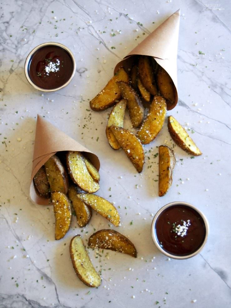 Baked-Potato-Wedges-Steak-Fries are perfectly seasoned bites of fluffy pub-style steak fries to compliment most any meal.