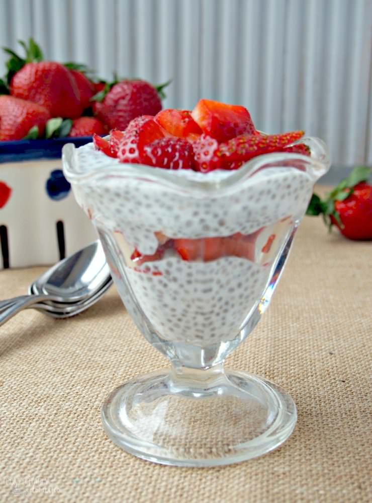 Strawberries-and-Cream-Chia-Pudding Parfaits layer ripe strawberries with a creamy pudding that is full of antioxidants, Omega-3s, calcium, protein, and fiber with the pleasant texture similar to tapioca.