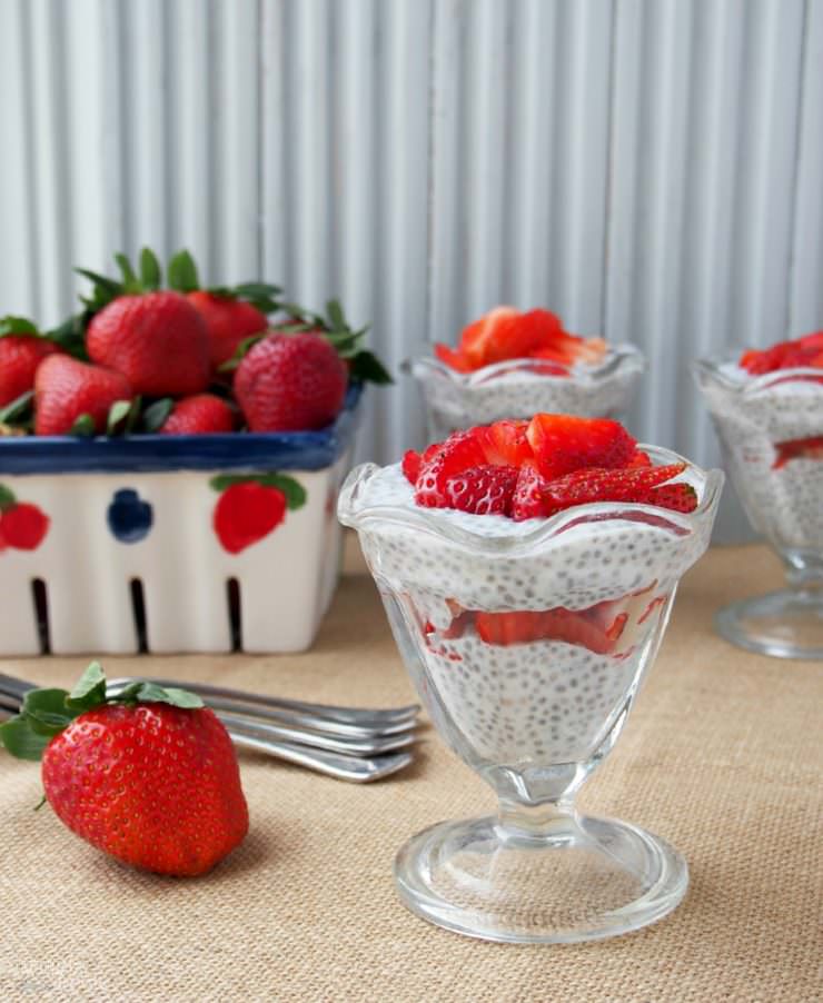 Strawberries-and-Cream-Chia-Pudding-Parfaits layer ripe strawberries with a creamy pudding that is full of antioxidants, Omega-3s, calcium, protein, and fiber with the pleasant texture similar to tapioca.