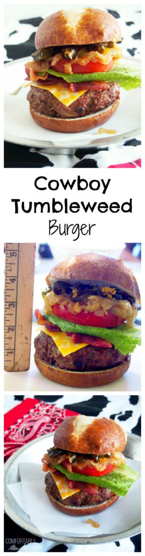 Cowboy-Tumbleweed-Burger is a thick grilled patty of seasoned Certified Angus Beef and chorizo, topped "cowboy style" with melted cheddar cheese, crisp bacon, sweet caramelized onions, tangy slices of pickled jalapeno peppers, and all of the fixings.