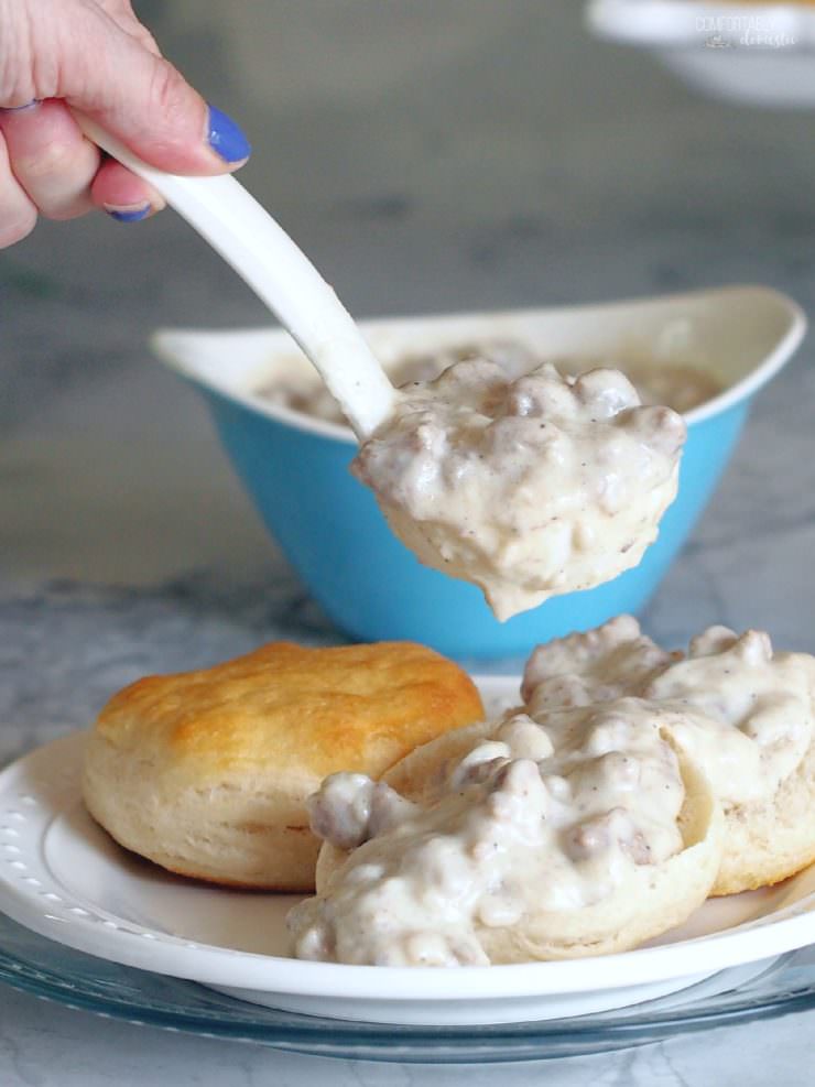 Lighter-Turkey-Sausage-Gravy is every bit as creamy and dreamy as the full fat variety but with nearly half of the fat and calories. The lightened up version of this Southern classic is still pure comfort food!