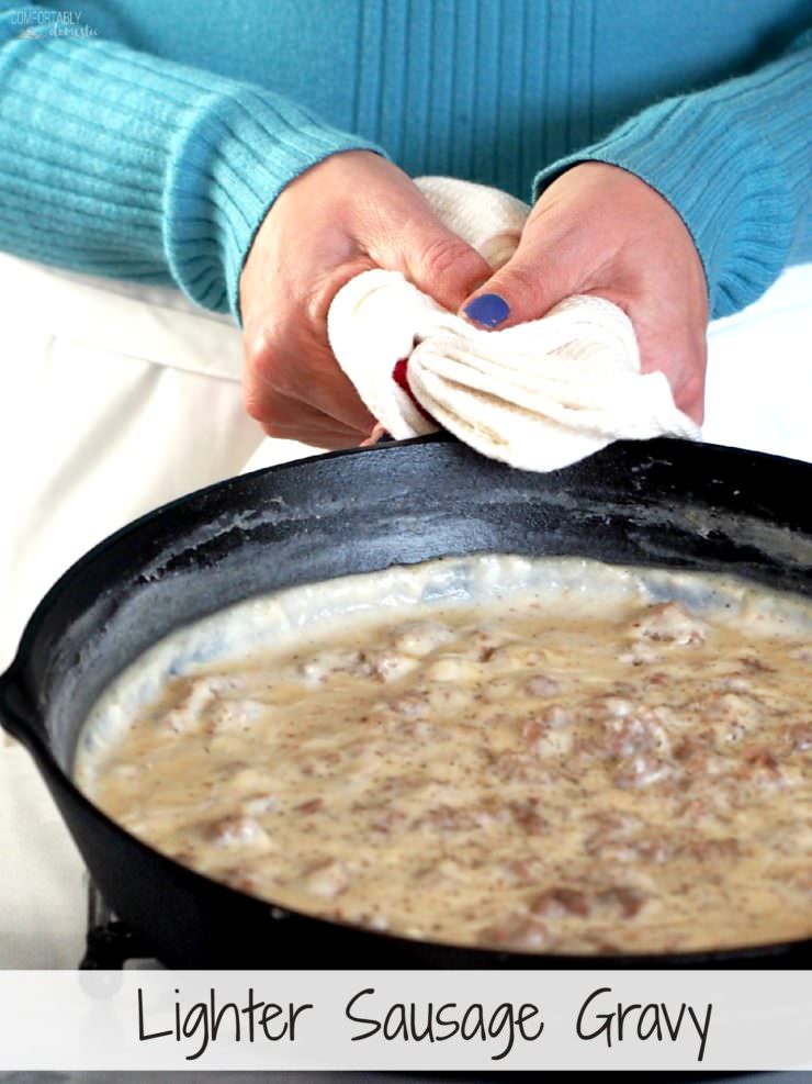 Light-Sausage-Gravy is every bit as creamy and dreamy as the full fat variety but with nearly half of the fat and calories. The lightened up version of this Southern classic is still pure comfort food!