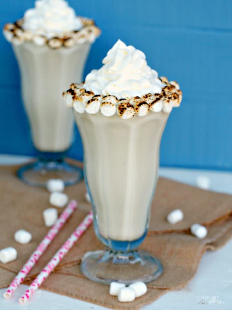 Toasted-Marshmallow-Malt-Milkshakes blend toasted sweet marshmallows with vanilla bean ice cream and milk and malt powder for a delightful dessert sipper that tastes every bit like a gooey, fire roasted marshmallow.