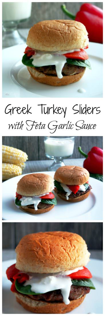 Greek-Turkey -Slider-Burgers are juicy, fun-sized lean ground turkey burgers that are well seasoned with Greek-inspired herbs and spices, seared over a hot grill to seal in the juices, and topped with a fantastic feta cheese sauce.