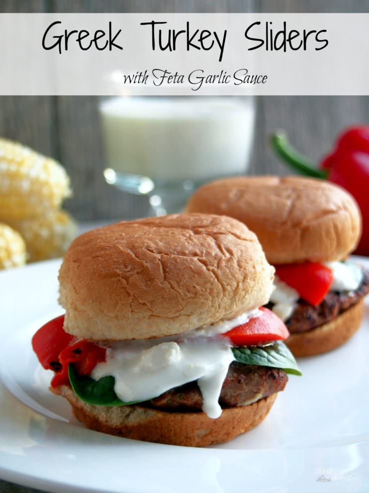 Greek-Turkey-Sliders are juicy, fun-sized lean ground turkey burgers that are well seasoned with Greek-inspired herbs and spices, seared over a hot grill to seal in the juices, and topped with a fantastic feta cheese sauce.