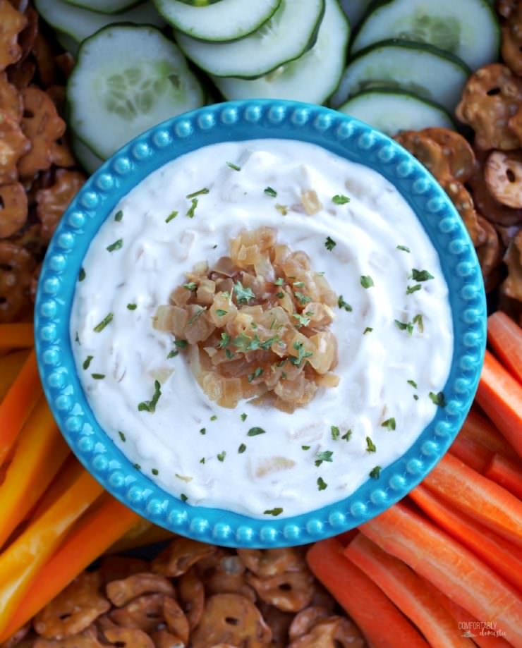 Skinny-French-Onion-Dip-made-with-yogurt is so creamy and full of fresh flavor that you’ll never miss the extra calories!
