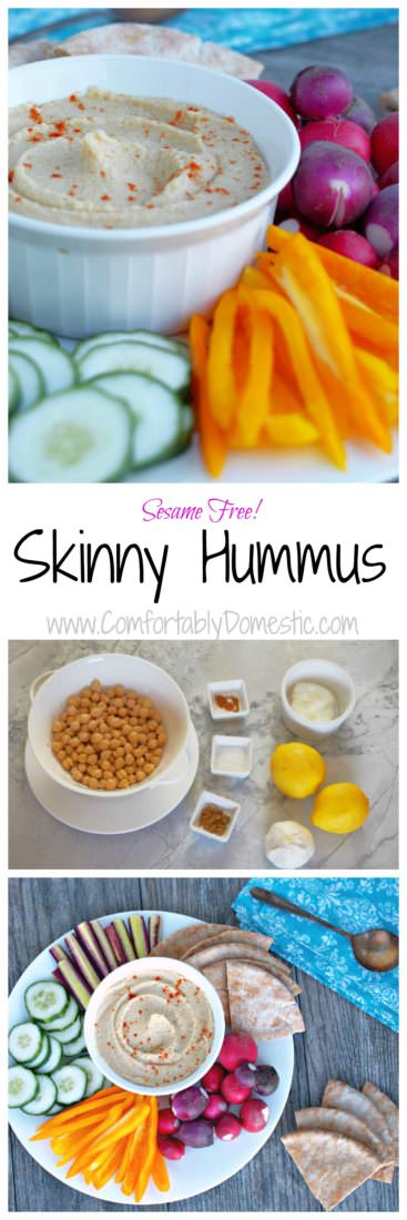 Skinny-Hummus-made-with-yogurt is nice and creamy with a healthy bite of garlic—low fat Greek yogurt cuts down on the extra calories found in traditional recipes.