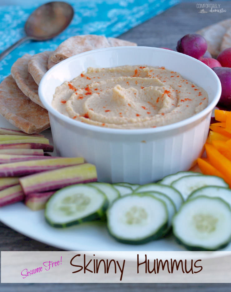 Skinny-Hummus-made-with-yogurt-is-sesame-free! It's nice and creamy with a nice bite of garlic—low fat Greek yogurt cuts down on the extra calories found in traditional recipes.