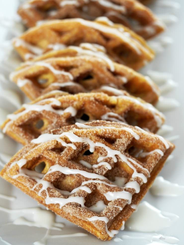 Pumpkin-Churro-Waffles-with-Cream-Cheese-Waffles, reminiscent of the popular street fair snack, are loaded with all the pumpkin and warm spiced flavors of fall with crisp, cinnamon sugared edges and an interior texture that practically melts in your mouth. 