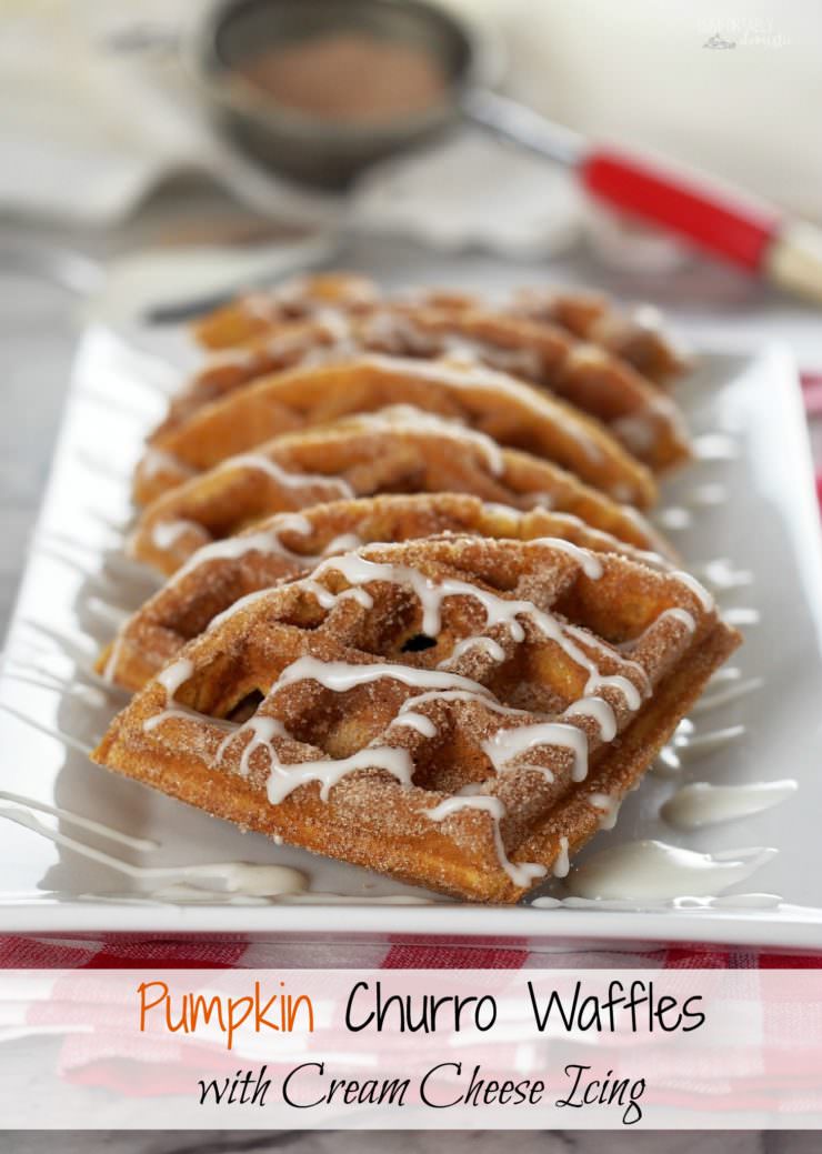 Pumpkin-Churro-Waffles-with-Cream-Cheese-Icing, reminiscent of the popular street fair snack, are loaded with all the pumpkin and warm spiced flavors of fall with crisp, cinnamon sugared edges and an interior texture that practically melts in your mouth. 