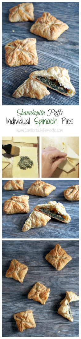 Spanakopita-Puffs-are-miniature-spinach-pies stuffed with a blend of tender spinach and plenty of herbed feta cheese, wrapped up in a buttery puff pastry shell. 
