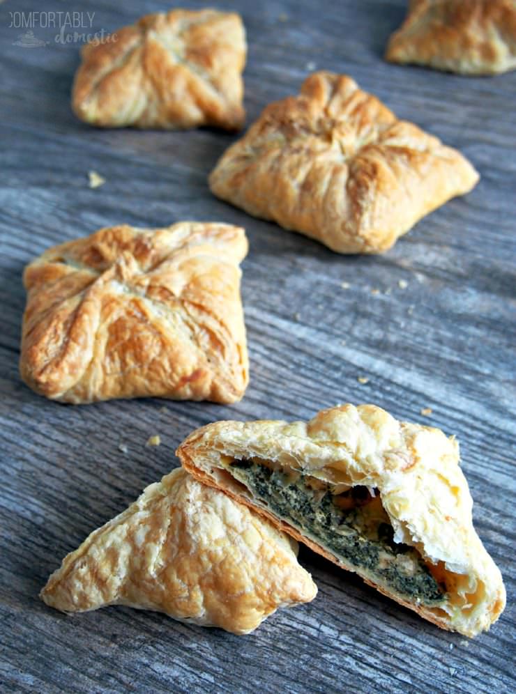 Spanakopita-Puffs-are-individual-spinach-pies-stuffed with a blend of tender spinach and plenty of herbed feta cheese, wrapped up in a buttery puff pastry shell. 