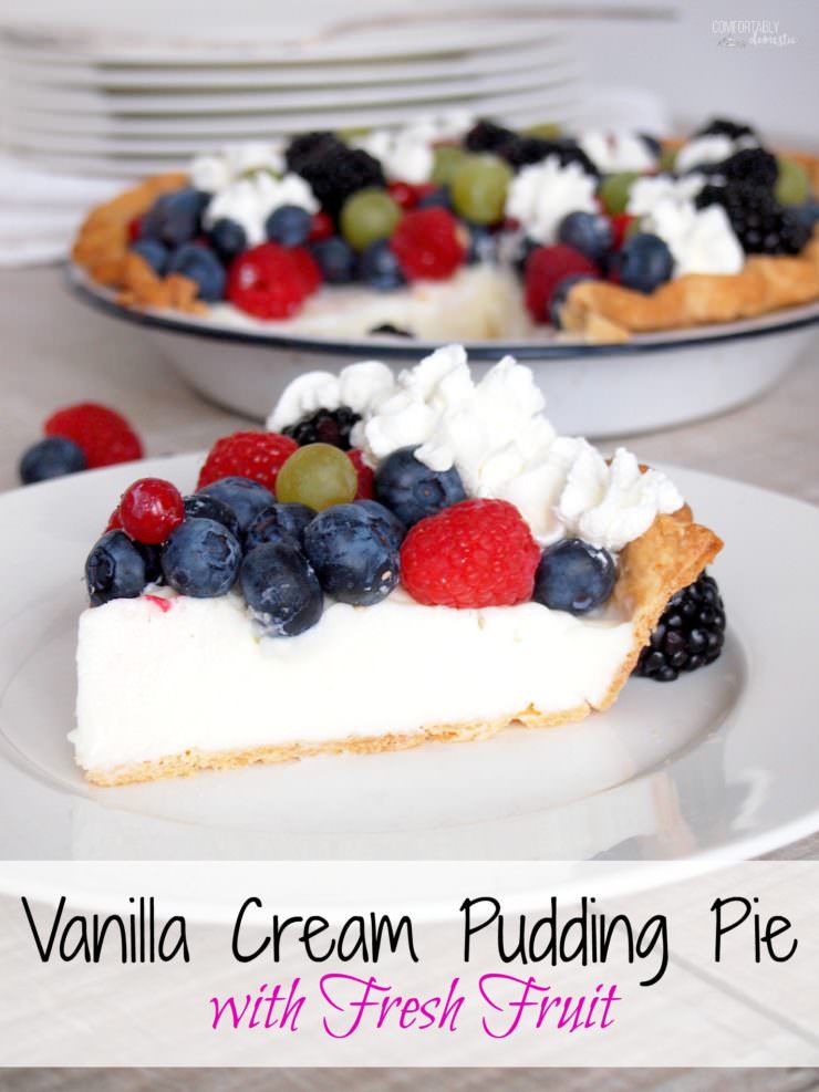 Vanilla-Cream-Pudding-Pie is a delightfully simple pie with creamy vanilla pudding, fresh berries and plenty of whipped cream nestled in a buttery crust. The egg-free filling is a snap to make from scratch!