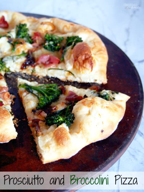 Prosciutto Broccolini Pizza proves that simple pizzeria style pizza is easily made at home! The chewy, thin crust pizza dough brushed with garlic butter, then topping it salty prosciutto, earthy broccolini, sweet caramelized onions, and shaved Asiago cheese is a taste to behold.